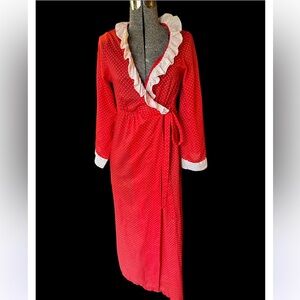 Red Polka Dot vintage  Robe with White ruffle Trim